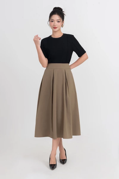 Chân váy xòe Khaki High-Waisted