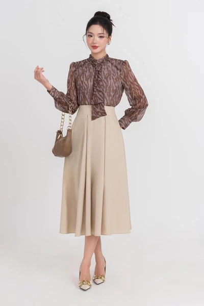 Chân váy xòe Khaki High-Waisted