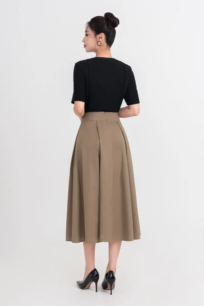 Chân váy xòe Khaki High-Waisted