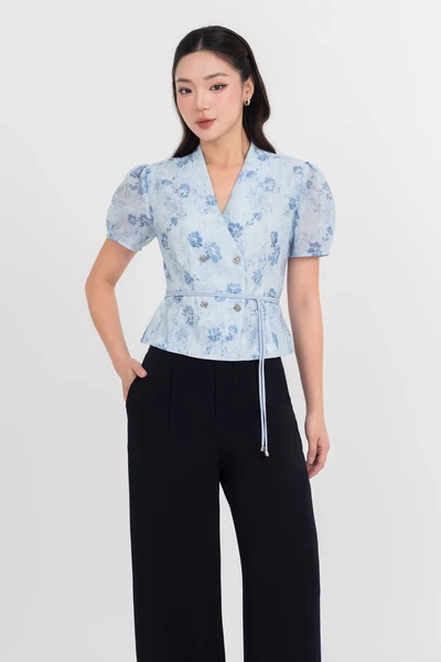 Áo blouse hoa xanh cổ V