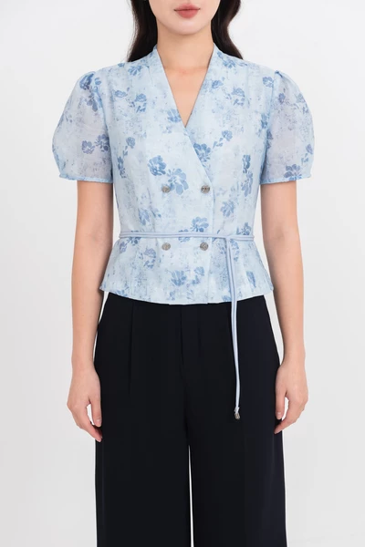 Áo blouse hoa xanh cổ V