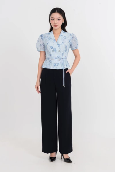 Áo blouse hoa xanh cổ V