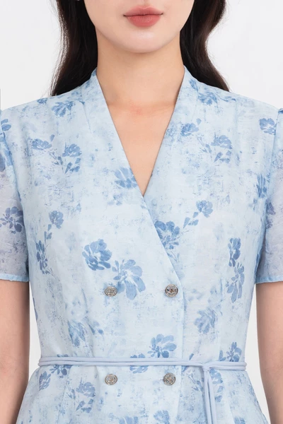 Áo blouse hoa xanh cổ V