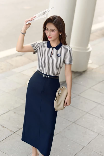 Áo Polo dệt kim Navy Stripe