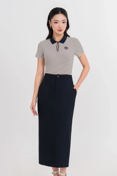 Áo Polo dệt kim Navy Stripe
