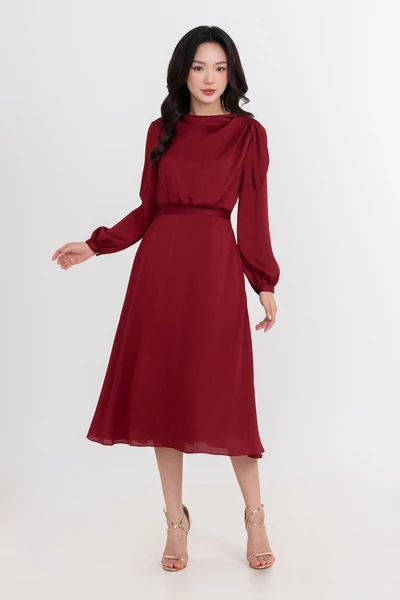 Đầm lụa đỏ cổ xếp Elegant