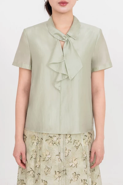 Áo sơ mi cổ nơ xanh Sage