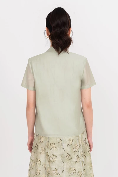 Áo sơ mi cổ nơ xanh Sage