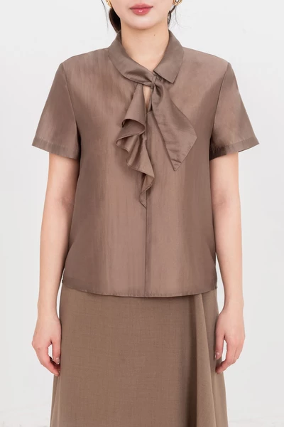 Áo sơ mi cổ nơ Nâu Tây