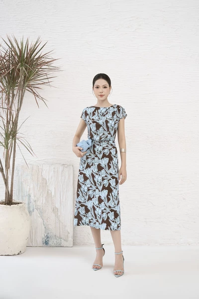 Đầm lụa tay hến Deep Blue