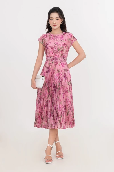 Đầm lụa hoa xếp ly