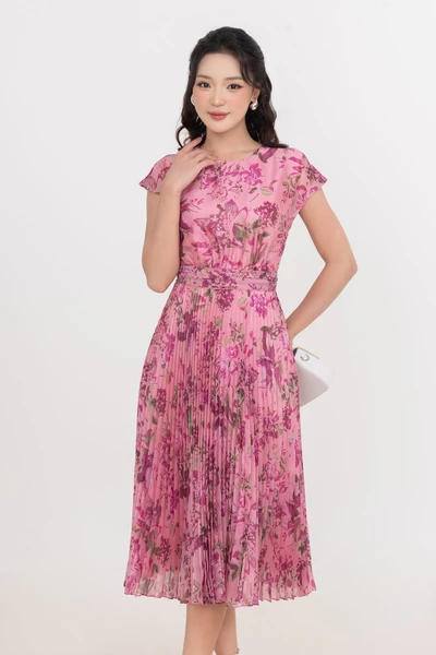 Đầm lụa hoa xếp ly